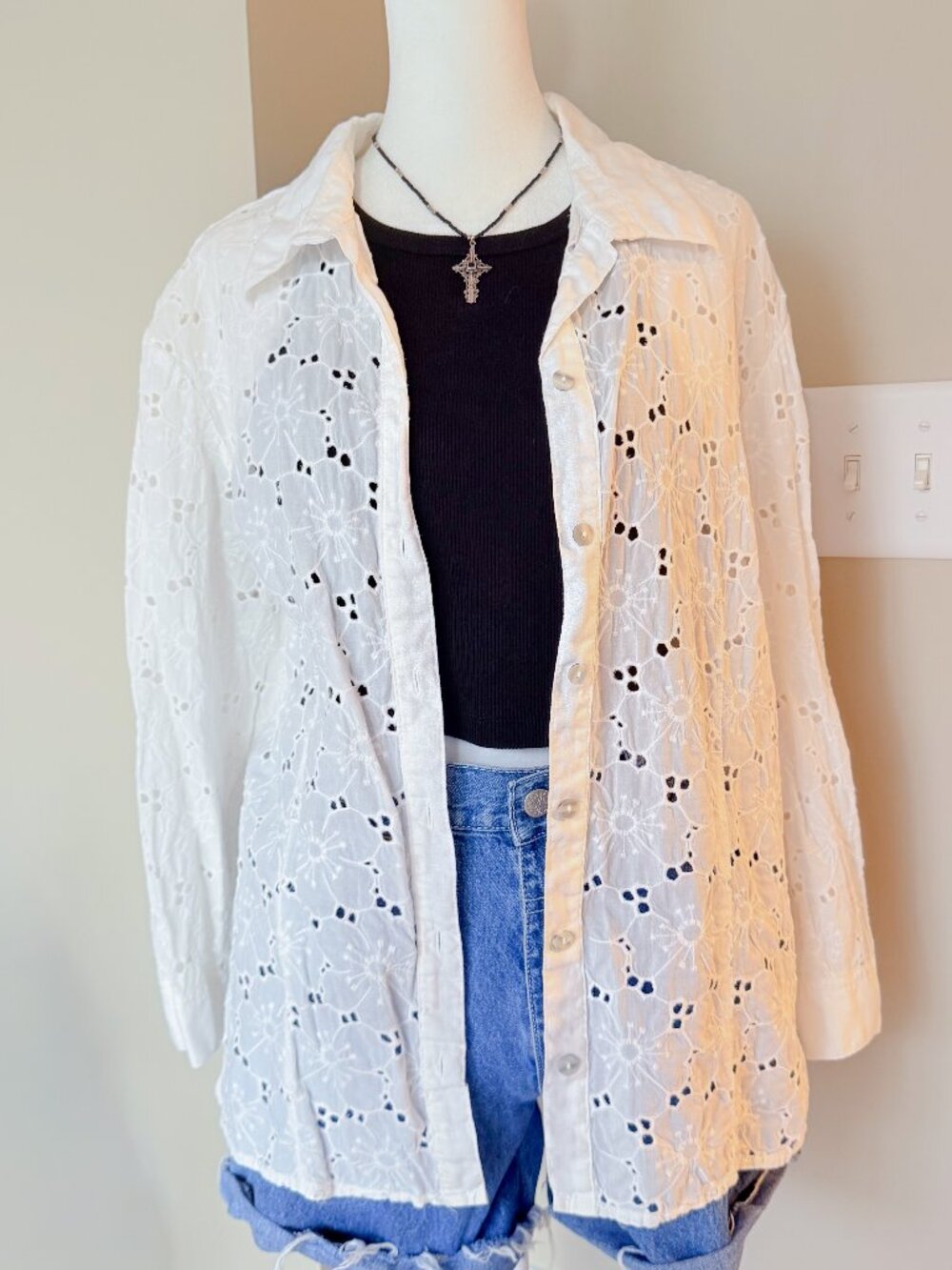 Fresh Produce White Eyelet Embroidered Button-up - Size XL